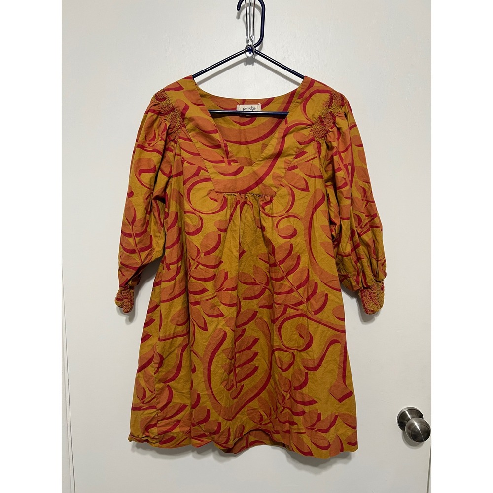 Porridge Nerina Women's S Mustard Red Leaf Print Smocked Neck 3/4 Sleeve Dress‎